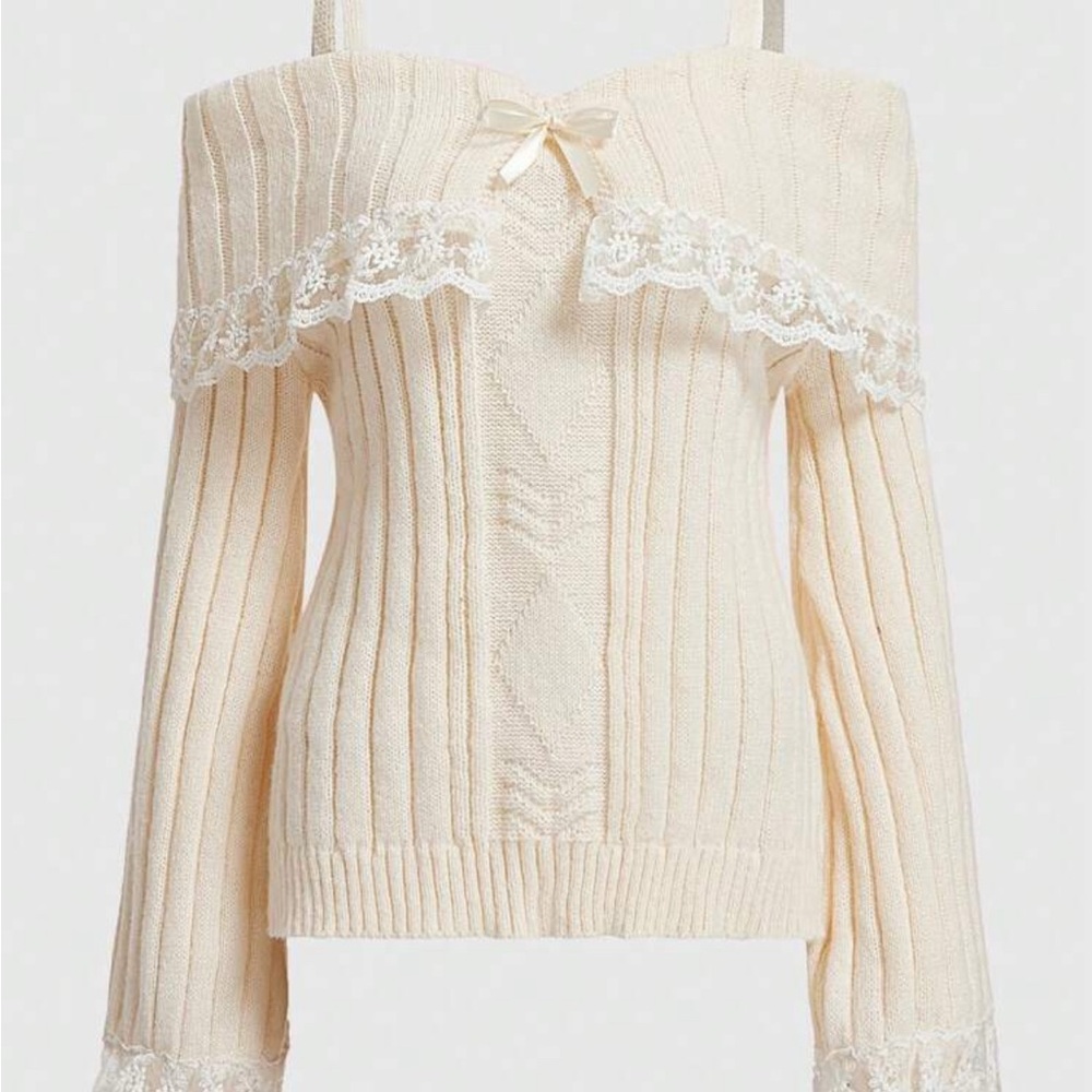ROMWE Cream Off-Shoulder Sweater with Lace Trim